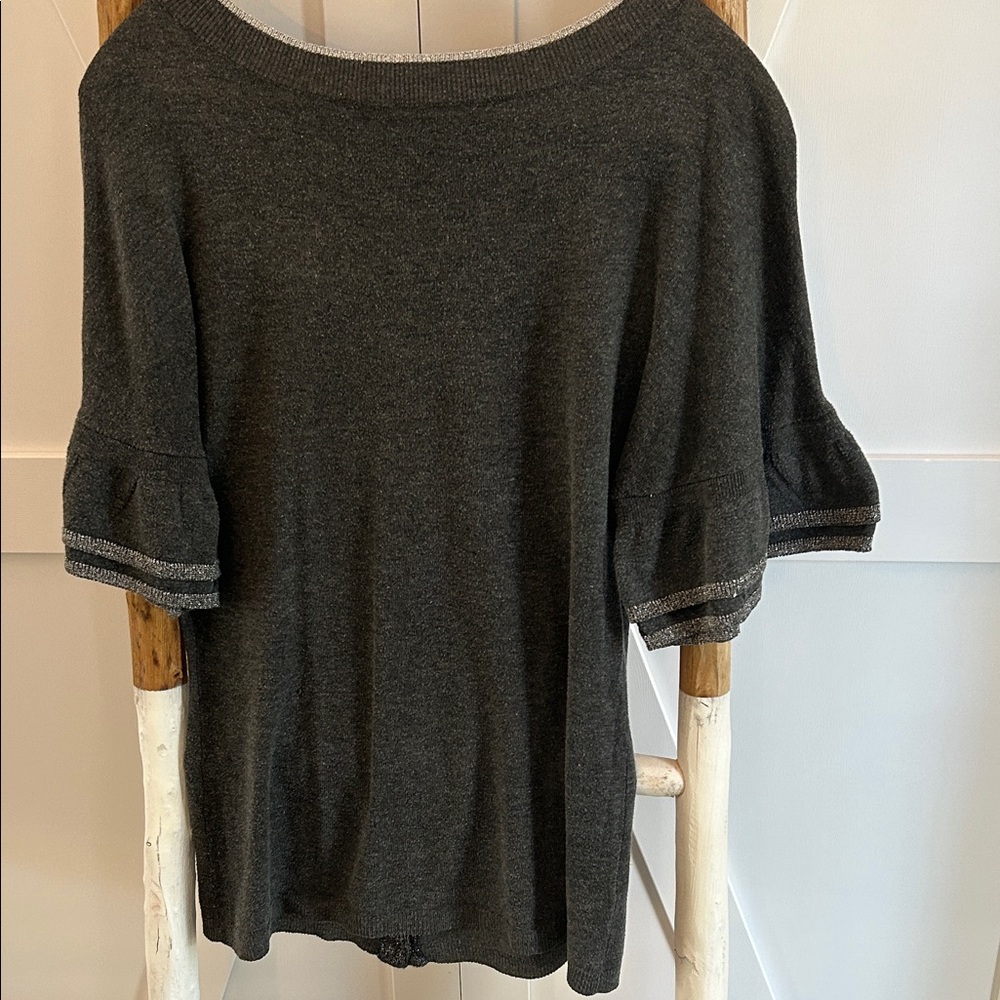 S. Line Gray and Silver Knit Top. Gorgeous tortoise buttons down the back